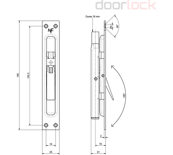 Шпингалет торцевой Doorlock NF123.1 оцинкованный, длина хода 18 мм, планка 25x160 мм, резьба М8 06370