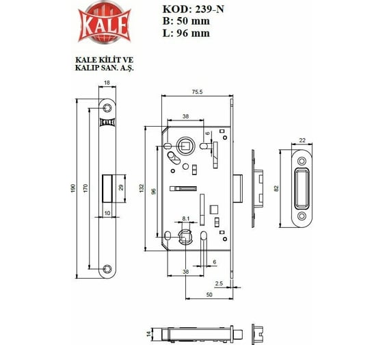 Врезной замок KALE KILIT магнитный межкомнатный 239 NN, WC, 90BS50, 18BP, w/o SP, STB 239NN000004