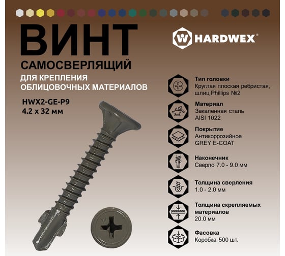 Саморез для облицовочных панелей HARDWEX ТМ HWX2-GE-P9-4.2x32 мм, Phillips №2, GREY E-COAT, 500 5190040932456