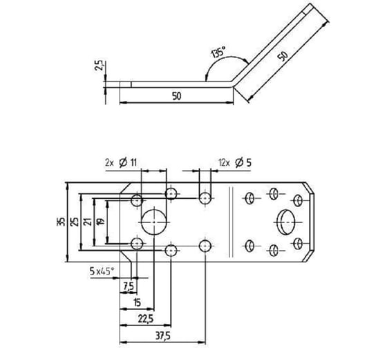 Перфорированный уголок ALBERTS 135 градусов, оцинкованный, 50x50x35x2.5 мм 335502