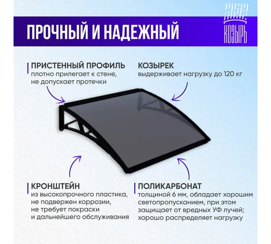 Козырек (навес) защитный ВПМ одинарный, белый, ПК сотовый прозрачный 6 мм 6188948