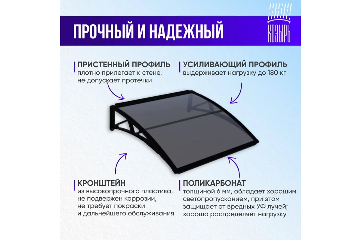 Козырек (навес) защитный ВПМ усиленный профиль, одинарный, серый, ПК  сотовый темный 6 мм 6189109 - выгодная цена, отзывы, характеристики, фото -  купить в Москве и РФ