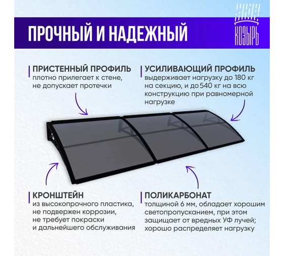 Козырек (навес) защитный ВПМ усиленный профиль, тройной, коричневый, ПК сотовый темный 6 мм 6189383