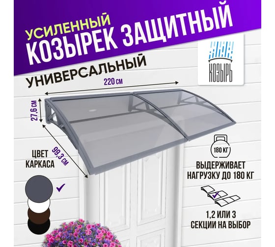Козырек (навес) защитный ВПМ усиленный профиль, двойной, серый, ПК сотовый прозрачный 6 мм 6189165