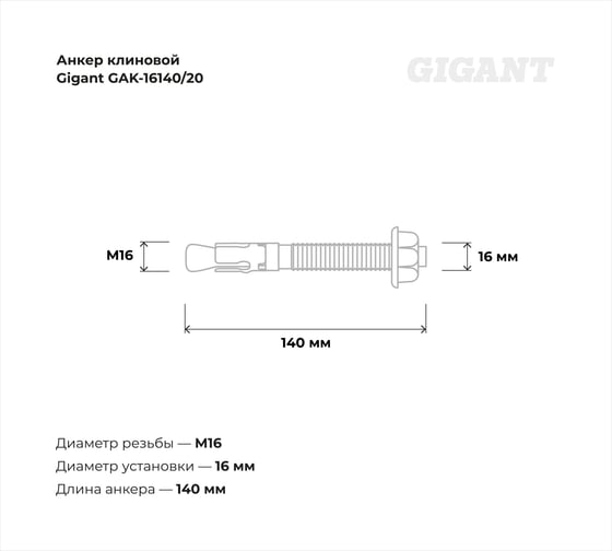 Анкер клиновой 16x140 20 шт Gigant GAK-16140/20