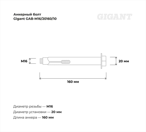 Анкерный болт Gigant М16 20x160 10 шт GAB-M16/20160/10