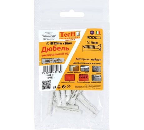 Универсальный дюбель Tecfi VZ нейлон 6x32 20 шт - пакет 147430