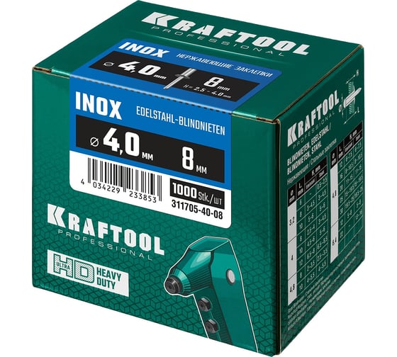 Нержавеющие заклепки KRAFTOOL Inox 4.0х8 мм, 1000 шт. 311705-40-08