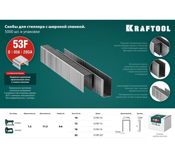 Скобы для степлера KRAFTOOL тип 20GA (53F/D/056) 22мм, 5000 шт, 31787-22