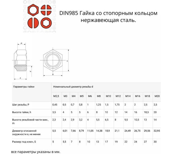 Гайка со стоп кольцом 23 Болта М4, 5, 6, 8, 10, 12, нержавеющая, по 50 шт. 11616