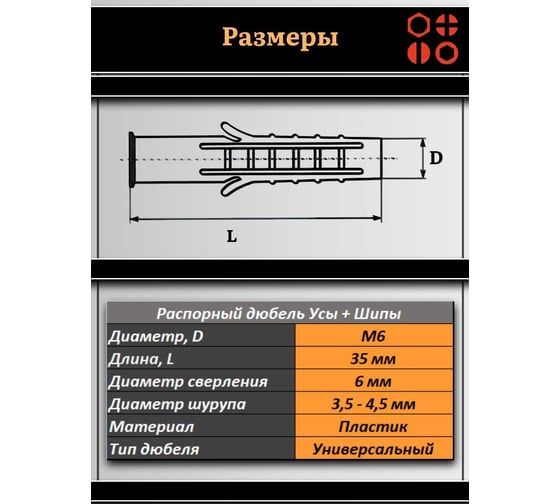 Дюбель распорный 23 Болта УСЫ + ШИПЫ 6x35, 50 шт B23300603506000ф50