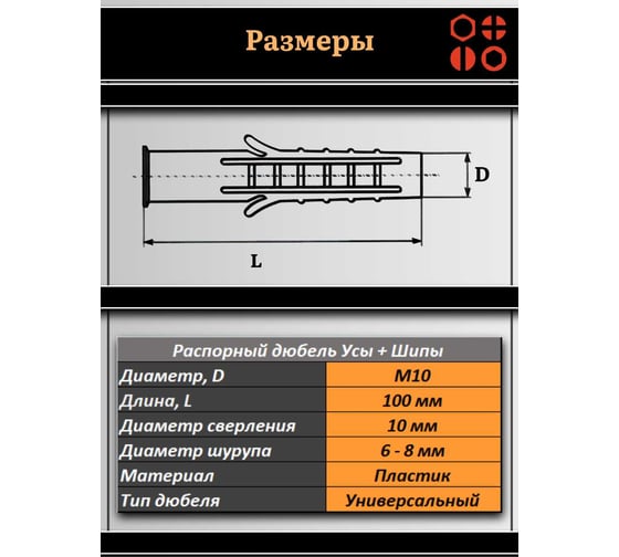 Дюбель распорный 23 Болта УСЫ + ШИПЫ 10x100, 50 шт B23301010002000ф50