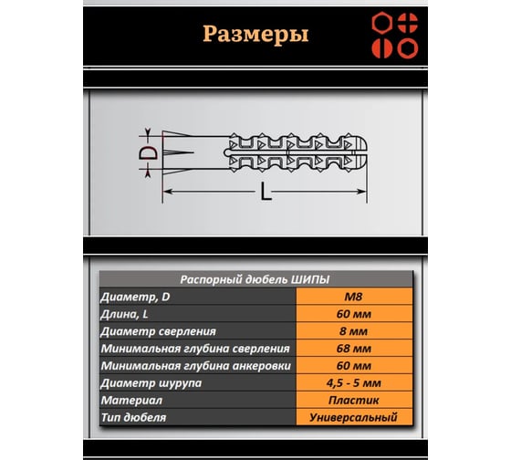 Дюбель распорный 23 БОЛТА ШИПЫ 8x60, 50 шт B230008060Ш2025ф50