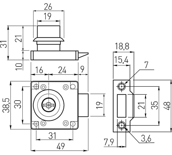 Замок мебельный GTV №338 с защелкой, металлический ключ ZZ-ZN-338-01-S