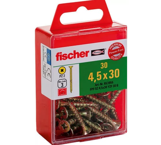 Шуруп fischer FPF-SZ 4,5X30 YZF 30 шт., потайной PZ желтый цинк, блистер 653955