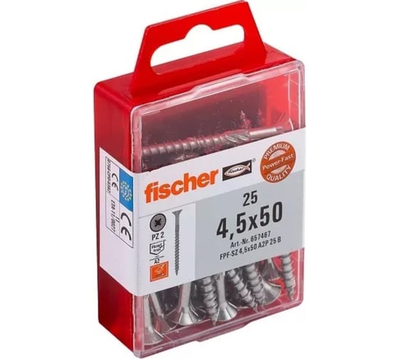 Шуруп fischer FPF-SZ 4,5X50 A2P 25 шт., потайной PZ нержавейка, блистер 657467 1
