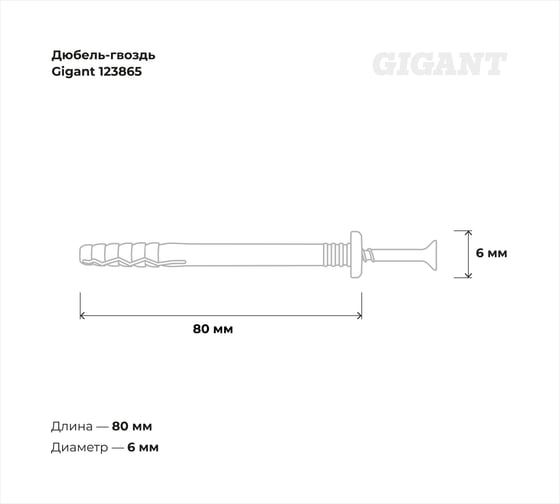 Дюбель-гвоздь Gigant 6x80 грибовидная манжета полипропилен 100 шт 123865