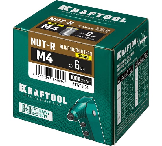 Стальные резьбовые заклепки с насечками KRAFTOOL Nut-R уменьшенный бортик, М4, 1000 шт. 311708-04