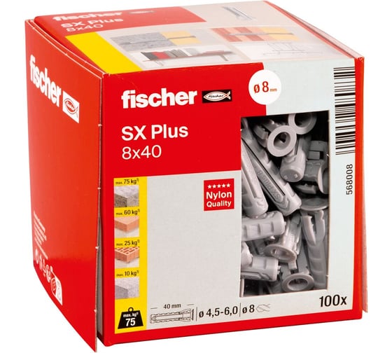 Дюбель для полнотелых материалов Fischer SX Plus 8x40 (100 шт.) 568008