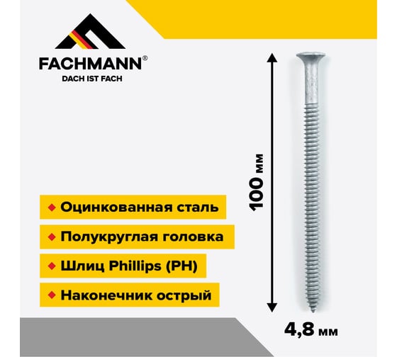 Саморез Fachmann остроконечный, NCRP-4,8x100 мм, крестообразный шлиц, 200 шт. 08.054