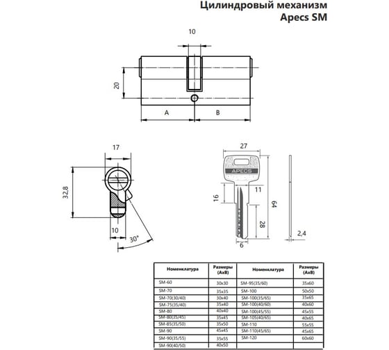 Цилиндровый механизм Apecs SM-110/45/65/-NI 23188