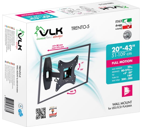 Кронштейн для LED/LCD телевизоров VLK 20"-43", max 25 кг, настенный TRENTO-5 black