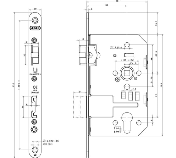 Корпус огнестойкого замка Nemef 1769/01/65mm PZ ZN front 20x235, DIN Right, под шток 9мм 69271