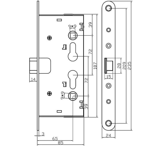Корпус огнестойкого замка антипаник DOORLOCK V1901/65mm PZ72 ZN в комплекте с разрезным штоком 79082