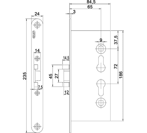 Корпус огнестойкого замка Nemef 1739/03/65mm PZ ZN front 24x235, DIN, симметричный 69166