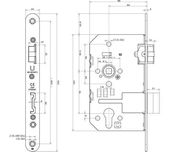 Корпус огнестойкого замка Nemef 1769/02/65mm PZ ZN front 24x235, DIN Right, под шток 9мм 69273