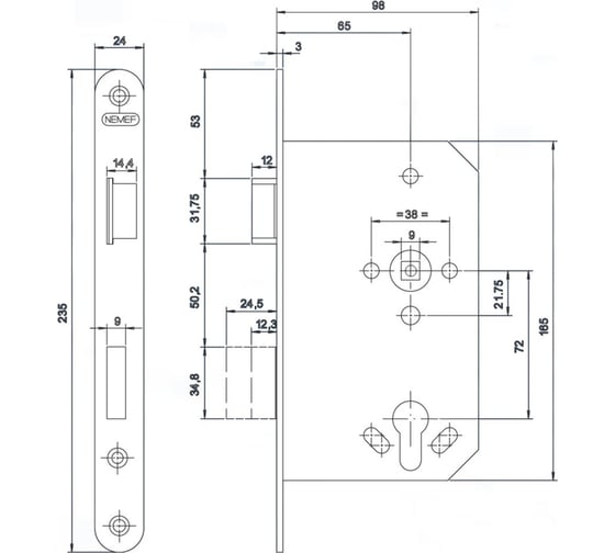 Корпус огнестойкого замка Nemef 1769/03/65mm PZ ZN front 24x235, DIN Right 69175