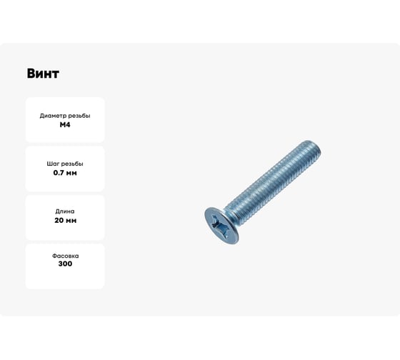 Винт Стройметиз М4х20х20 мм, DIN 965, потайн., цинк, уп. 300 шт., пакет 3090648