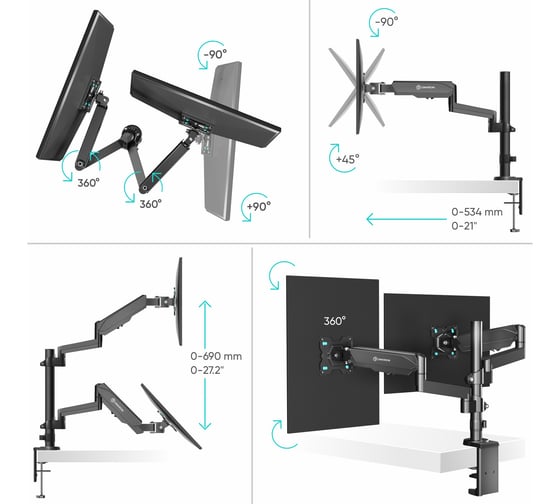 Настольный кронштейн для двух мониторов 13-32 дюймов ONKRON Black G140