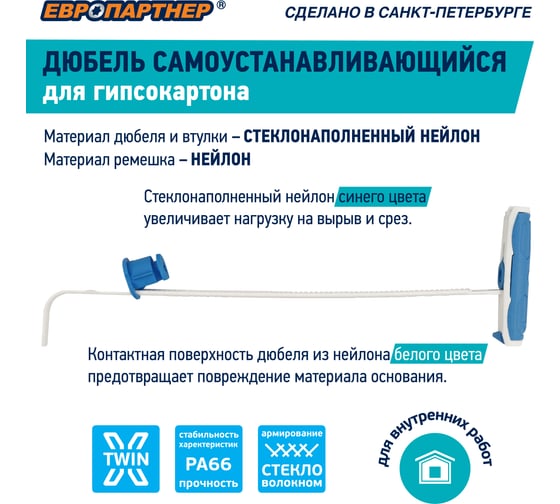 Дюбель для ответственных креплений к гипсокартону ЕВРОПАРТНЕР TWIN PAK (2 шт.) TW 0124 3