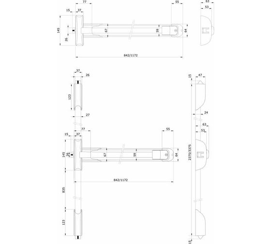 Механизм антипаник клавишный Doorlock PD900FR-PUSH 1170 мм, черный/красный, накладной с защелкой, для противопожарных и наружных дверей 77221