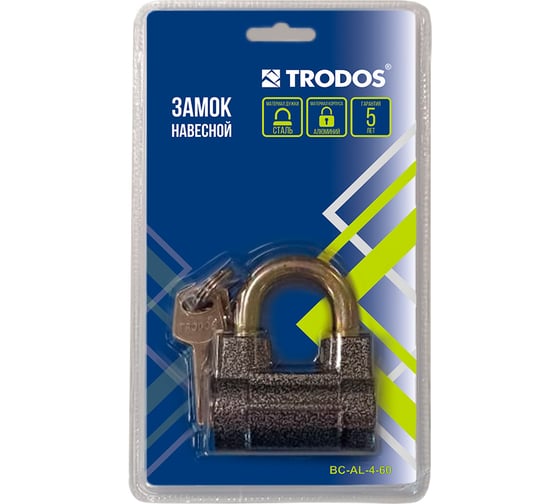 Замок навесной Trodos BC-AL-4-60 алюминий, шагрень серый, блистер 210330