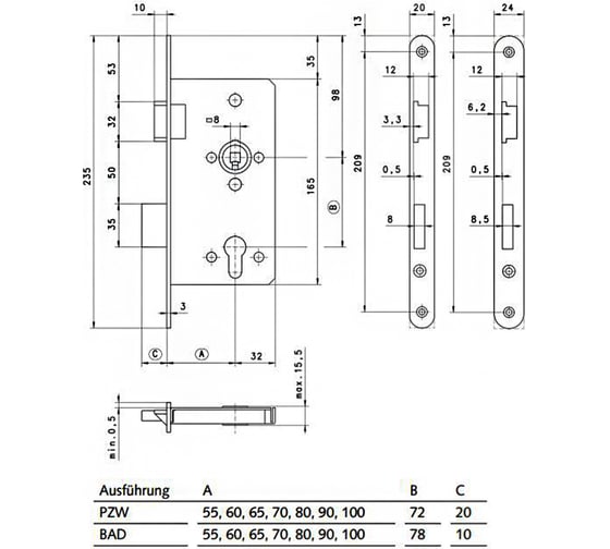 Корпус замка NEMEF D197700 STD/55mm PZ Right нержавеющая сталь, front 20x235, 3 класс, ANTI-FRICTION LATCH BOLT 69082