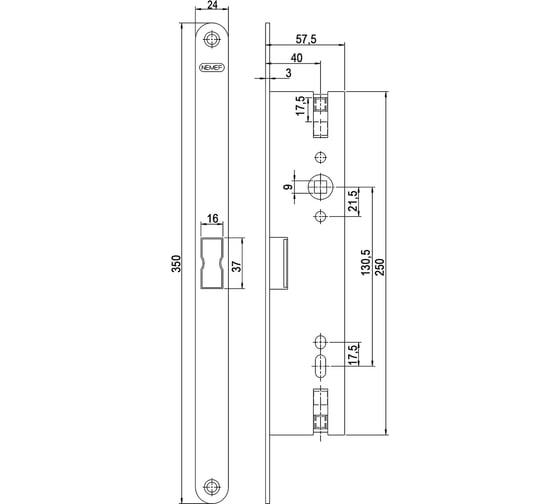 Корпус огнестойкого замка для профильной двери Nemef 1925/21/40mm PZ ZN, DIN, антипаника, для пассивной створки, симметричный 69180