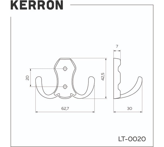 Мебельный крючок KERRON двухрожковый, хром LT 0020