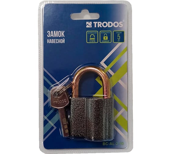 Замок навесной Trodos BC-AL-2-60 алюминий, шагрень серый, блистер 210334