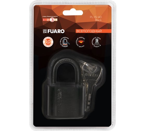 Навесной замок Fuaro PL-15-40 Black диск. 4 кл., блистер 42277