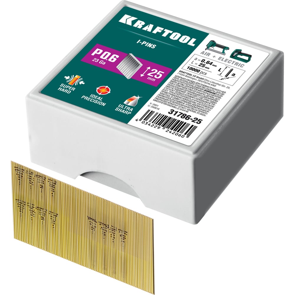 Шпильки для нейлера KRAFTOOL тип 23GA (P0.6) 25мм, 10 000 шт, 31786-25 ...