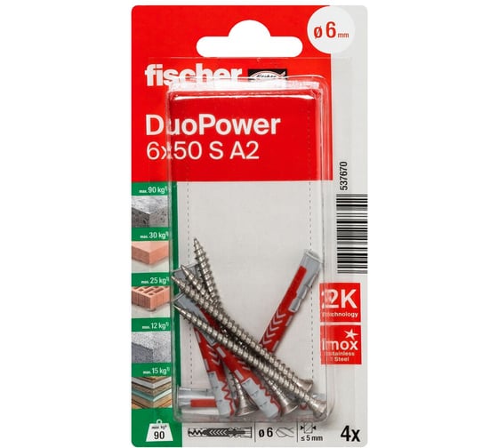 Дюбель Fischer DuoPower 6x50 с нерж.шурупом 4шт. 537670
