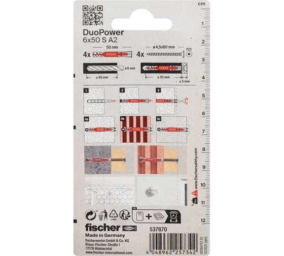 Дюбель Fischer DuoPower 6x50 с нерж.шурупом 4шт. 537670