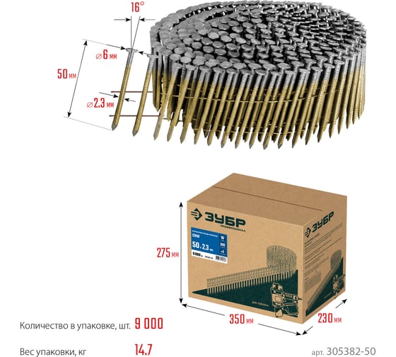 Барабанные гвозди ЗУБР CNW рифленые 50x2.3 мм, 9000 шт 305382-50
