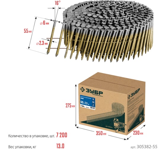 Барабанные гвозди ЗУБР CNW рифленые 55x2.3 мм, 7200 шт 305382-55