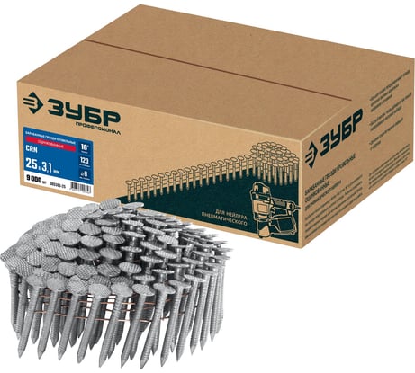 Барабанные гвозди кровельные ЗУБР CRN 25x3.1 мм, оцинкованные, 9000 шт 305385-25
