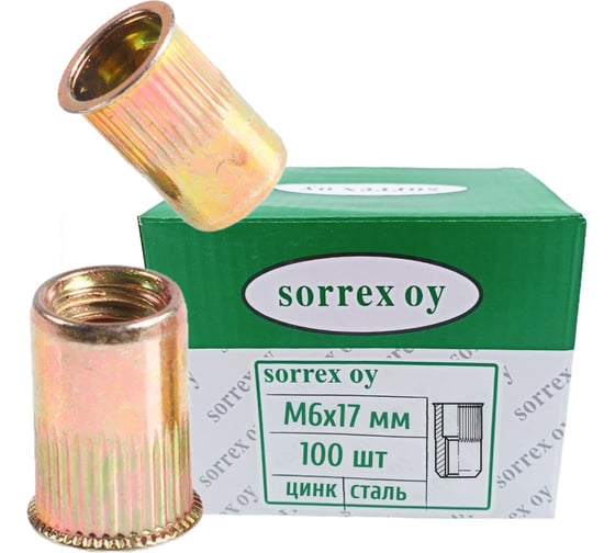 Заклепка гайка резьбовая винтовая SORREX (удлиненная) уменьшенный бортик с рифлением М6x17 (100 штук) XZW M6L 100