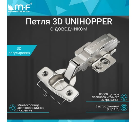 Петля MF 3D UNIHOPPER с доводчиком, накладная, 45 мм, с декор. накладкой 20200v