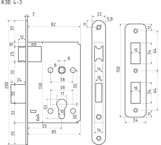 Корпус замка НОРА-М КЗВ 4-3 55 мм золото 9770